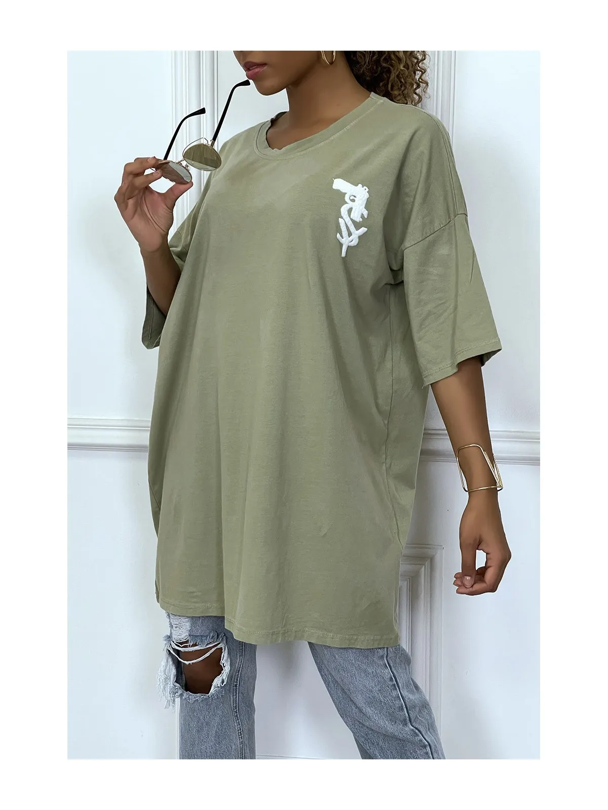 Tee-shirt oversize kaki tendance avec dessin en coton