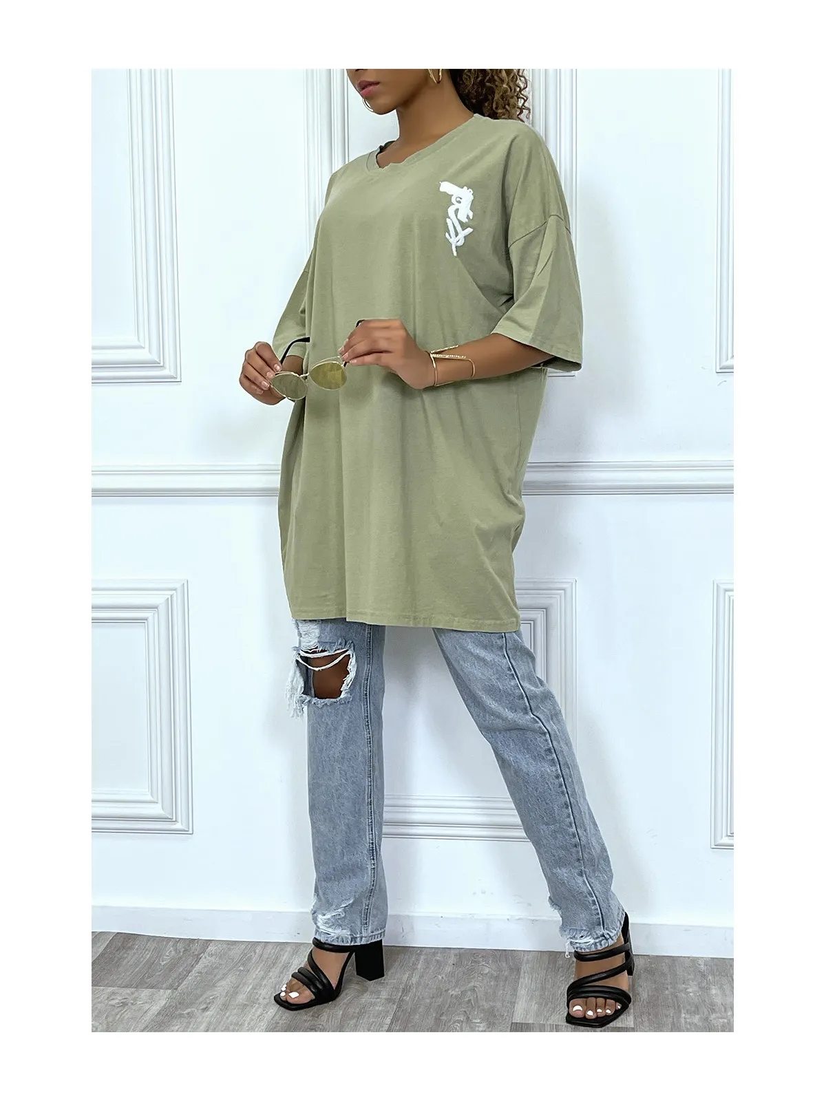 Tee-shirt oversize kaki tendance avec dessin en coton