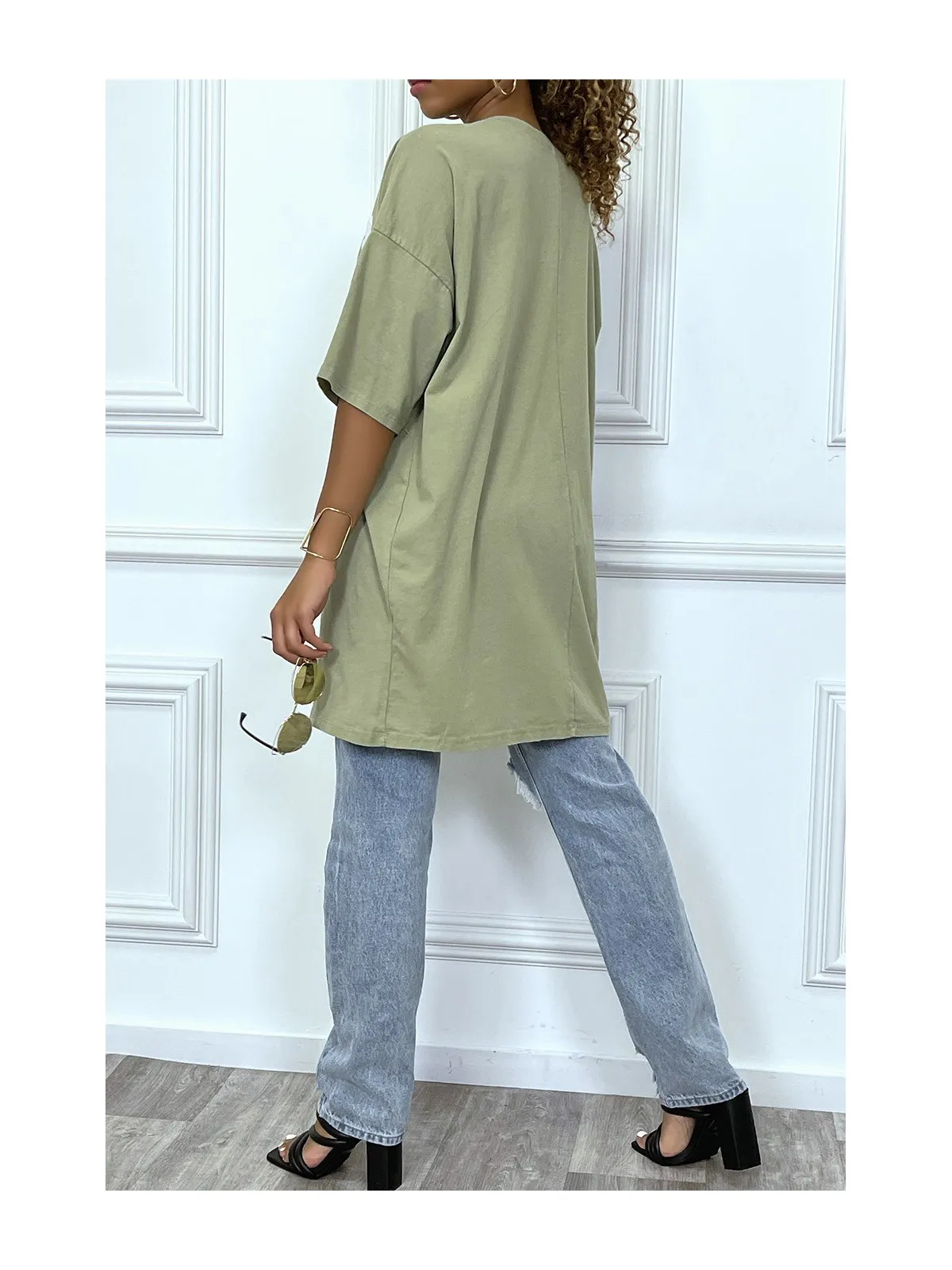 Tee-shirt oversize kaki tendance avec dessin en coton