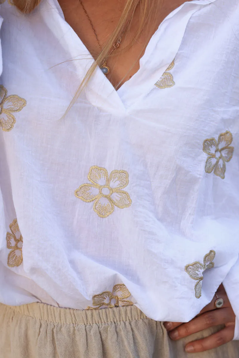 Tunique blanche col chemise en coton fleurs dorées brodées