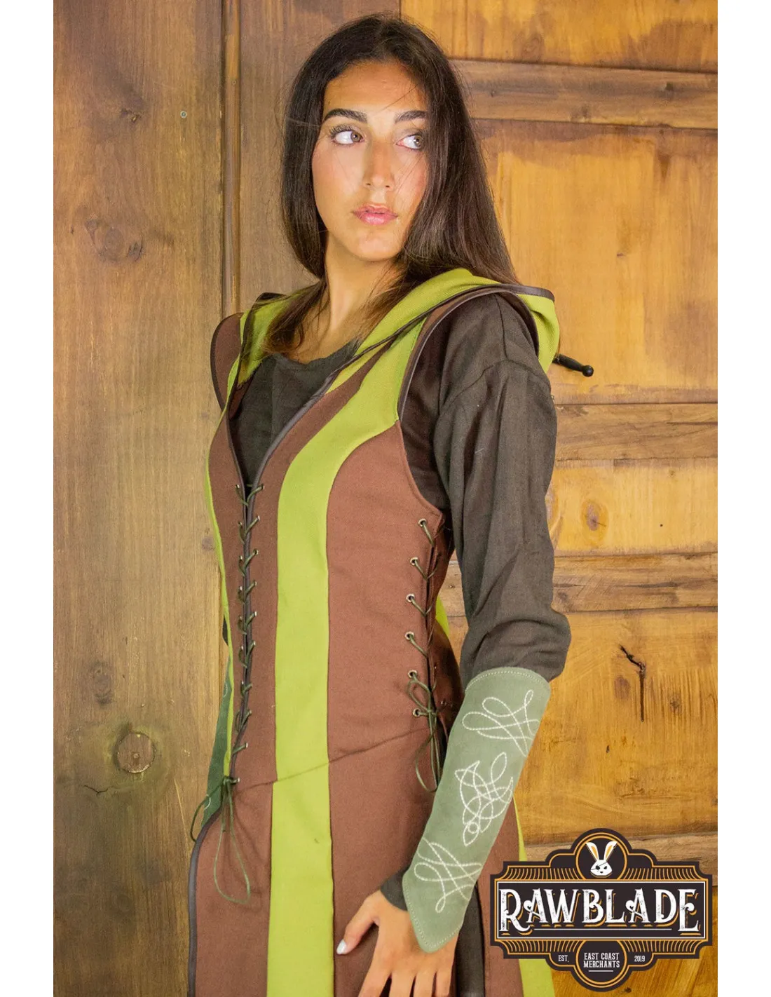 Tunique médiévale pour femme archer Arylith - Marron et Vert ⚔️ Boutique Épées