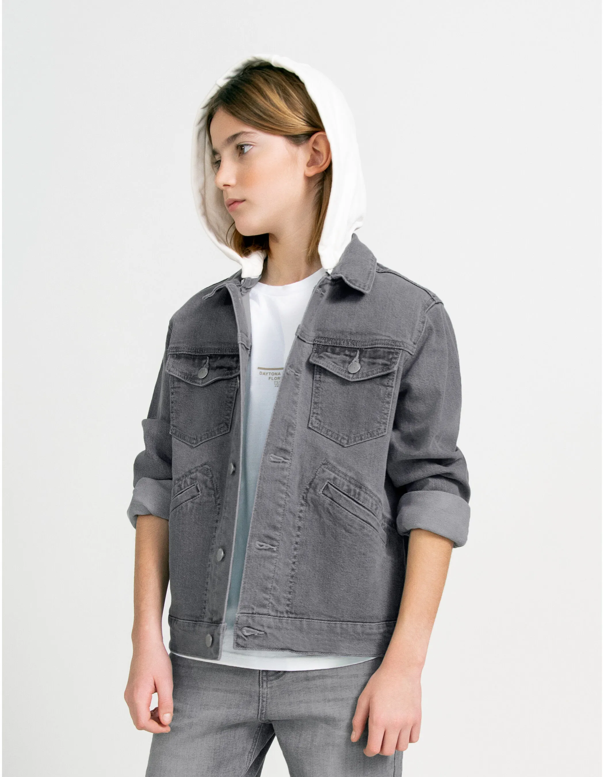 Veste en jean gris waterless capuche amovible garçon